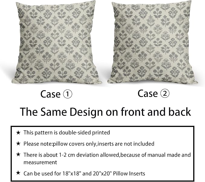 Grey Gray Floral Pillow Covers 20x20 Inch Set of 2, Vintage Flower Block Print Pattern Decorative Throw Pillowcases Outdoor Farmhouse Cushion Covers Spring Summer Rustic Sofa Couch Bed Decor