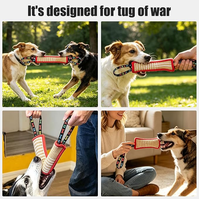 Tug Toy with 2 Strong Handles, Durable Pillow Pull Toy for Aggressive Chewers, Interactive Bite Training Tug of War Toy for Puppies and Medium to Large Dogs (Red-Rimmed Bone)