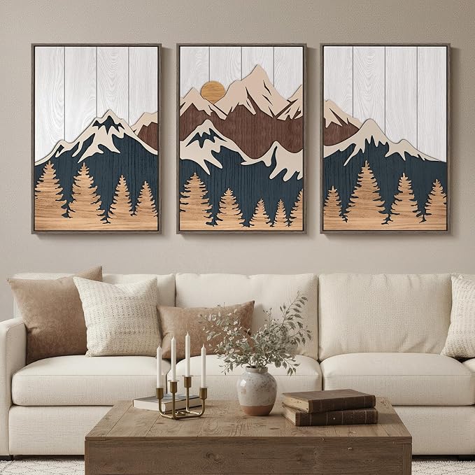Framed Wood 3D Mountain Textured Wall Art for Living Room, Set of 3 Farmhouse Modern Wood Artwork for Walls, Large Mountain Forest Landscape Wall Art Decor for Home Office Bedroom Hallway, 20x30 Inch