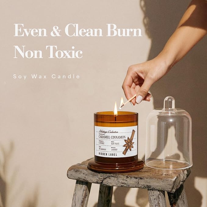 Hidden Label Caramel Cinnamon Candle, 10oz Bell Jar, Fall Aromatherapy | 55H Burn | Amber Base Glass Dome Vessel | Non Toxic Soy Wax | Autumn Spa & Meditation