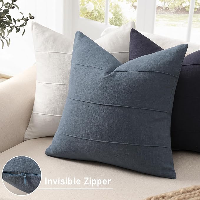 Decorative Linen Throw Pillow Covers 16x16 Set of 2 Solid Handcrafted Striped Cushion Covers for Bed Soft Modern Farmhouse Neutral Pillowcase for Couch Bedroom Living Room Home Decor(Slate Blue)