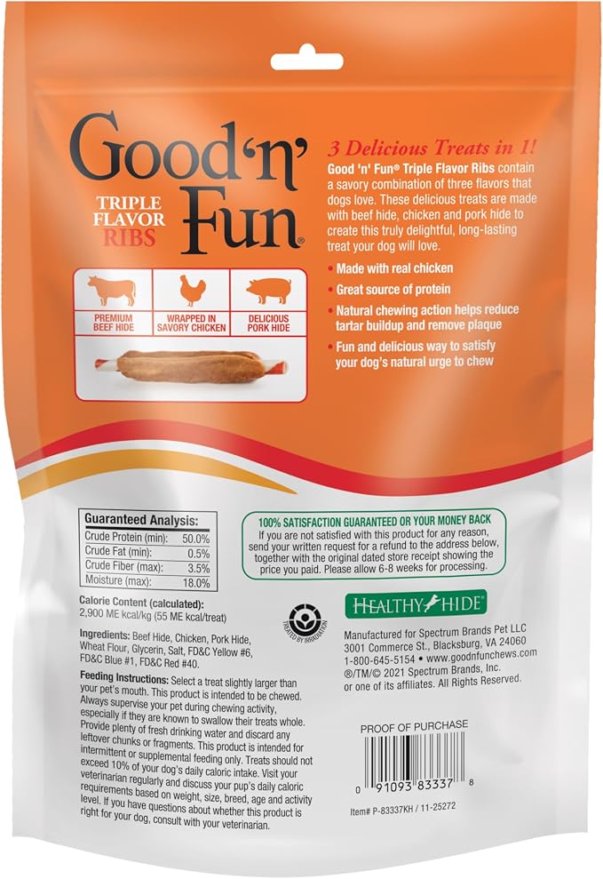Good 'n' Fun Ribs Long-Lasting Dog Treat Made With Real Protein, 4 oz | Premium Chicken, Pork and Beef Hide Chew, Supports Dental Health and Mental Stimulation, For Adult Dogs