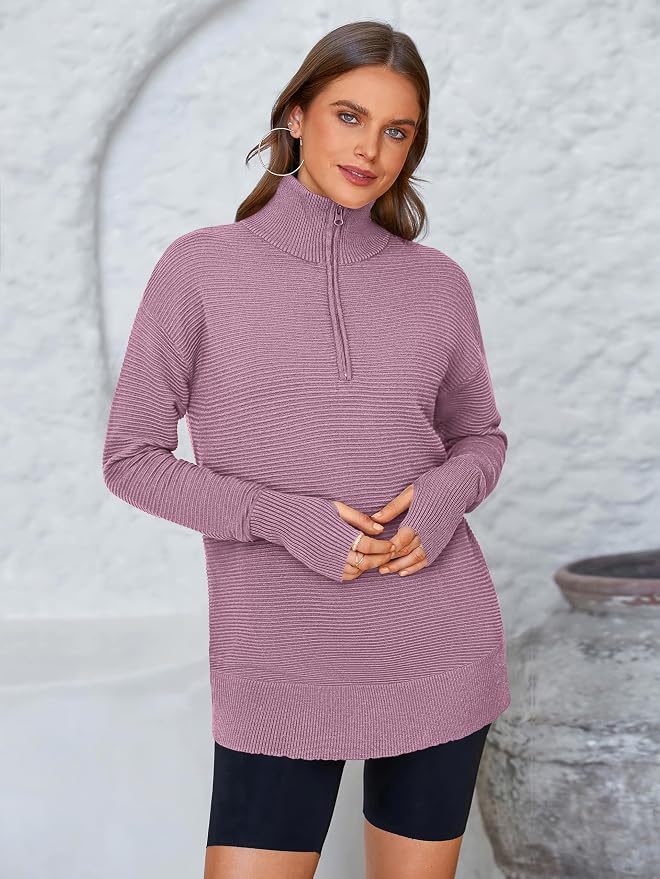 PRETTYGARDEN Womens Long Sleeve Quarter Zip Pullover Sweater Casual Loose V Neck Collared Ribbed Knit Jumper Tops Thumb Hole