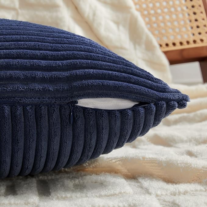 Fancy Homi Navy Blue Lumbar Decorative Throw Pillow Covers 16x32 Inch for Living Room Couch, Rustic Farmhouse Boho Home Decor, Soft Striped Corduroy Rectangle Accent Cushion Case 40x80 cm