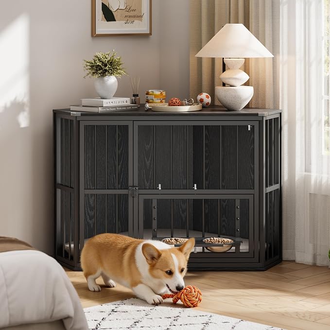 Corner Dog Crate Furniture for Small Dogs, Indoor Kennel End Table, Black