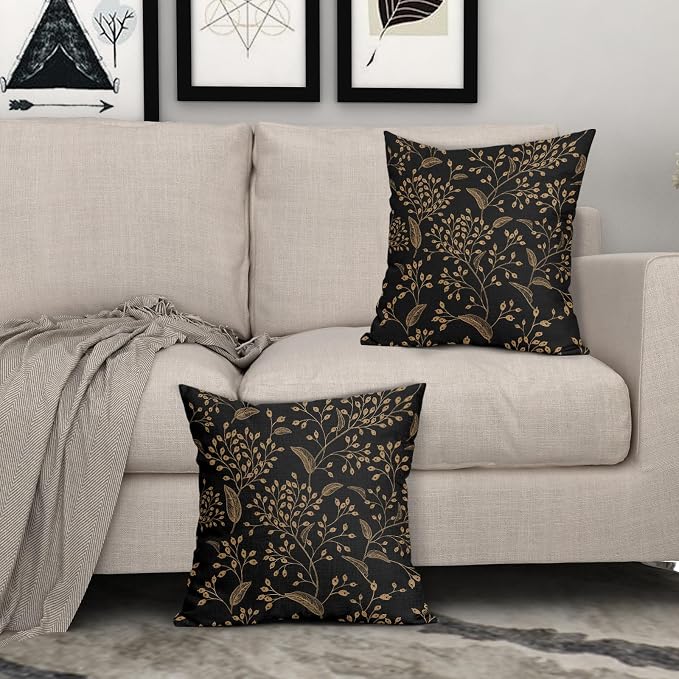 Boho Pillow Covers 18X18 Inch Set of 2 Black Gold Floral Leaves Decorative Pillow Cases Vintage Flower Leaf Cotton Linen Cushion Case Farmhouse Home Decor for Sofa Couch Porch Outdoor
