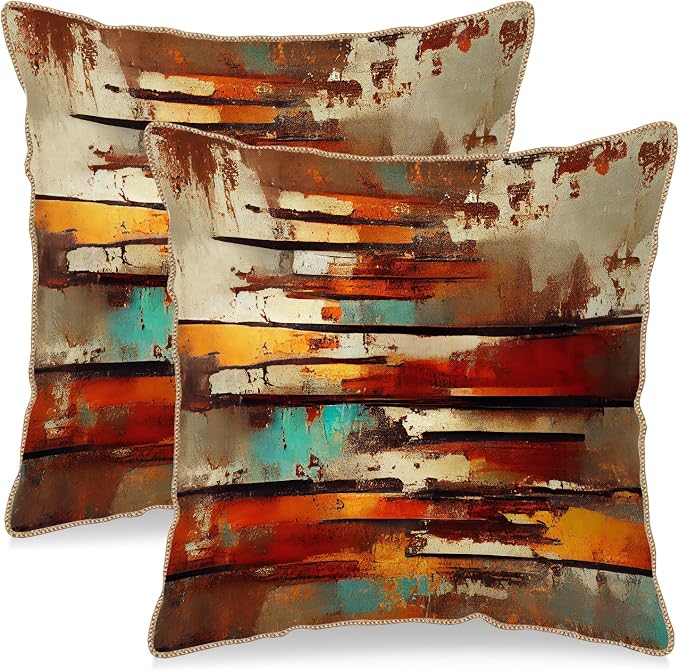Burnt Orange Teal Rust Soft Velvet Throw Pillow Covers Set of 2 Abstract Vintage Metalic Copper Pillow Covers 20x20 Inch Retro Colorful Pillow Case For Sofa Couch Living Room Farmhouse Home Decor