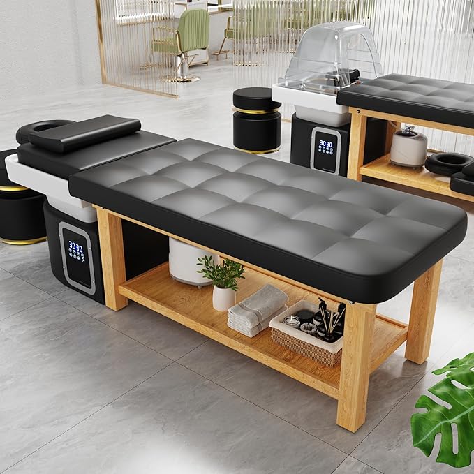Dolonm Head Spa Shampoo Bowl Stationary Massage Table Set with Water Cycle & Fumigation Salon Equipment for Beauty Head Spa Physical Therapy Massage Salons, PU Leather Black, Wood Frame