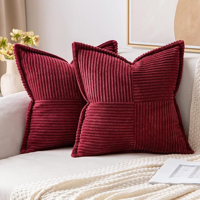 MIULEE Decorative Throw Pillow Covers for Couch 20x20 Inch Burgundy 2 Pack | Boho Broadside Striped Patchwork Pillow Covers, Soft Corduroy Cushion Cases, For Sofa Bed Livingroom Home Decor
