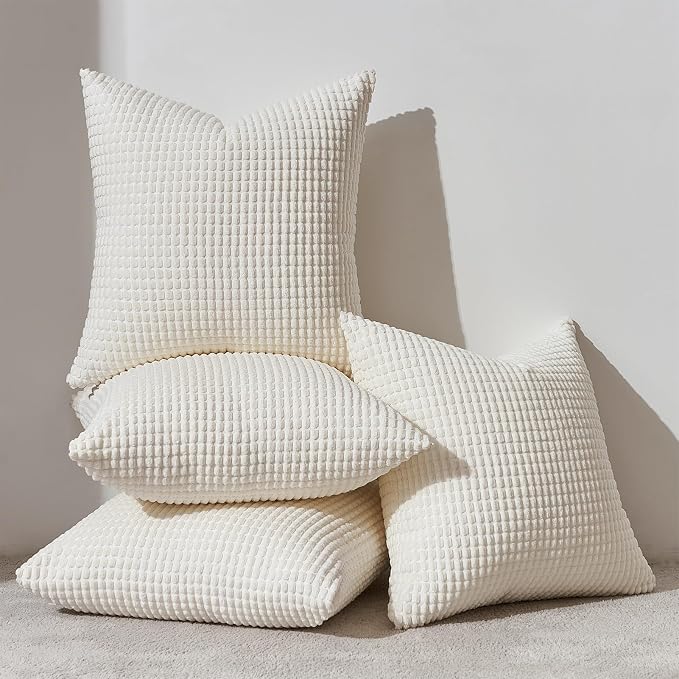 Topfinel Cream White Decorative Throw Pillow Covers 18x18 Inch Set of 4 for Living Room Couch Bed Sofa, Boho Natural Farmhouse Home Decor, Soft Plush Corduroy Cute Square Beige Cushion Case 45x45 cm