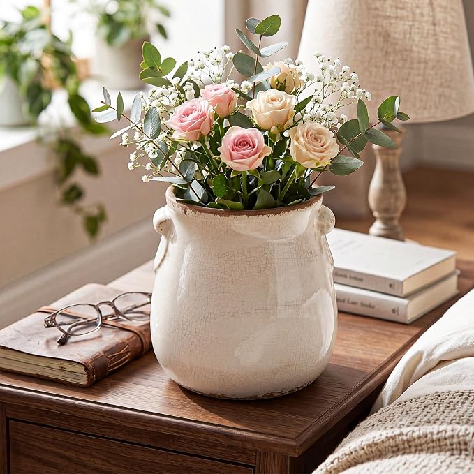 Ceramic Scroll Planter 6.5 Inch Chinoiserie Floral Vase with Drainage Holes Vintage Flower Vase Flower Pot Rustic Ceramic Pots for Indoor Plants Garden Home Bookshelf Decor (Pure White)