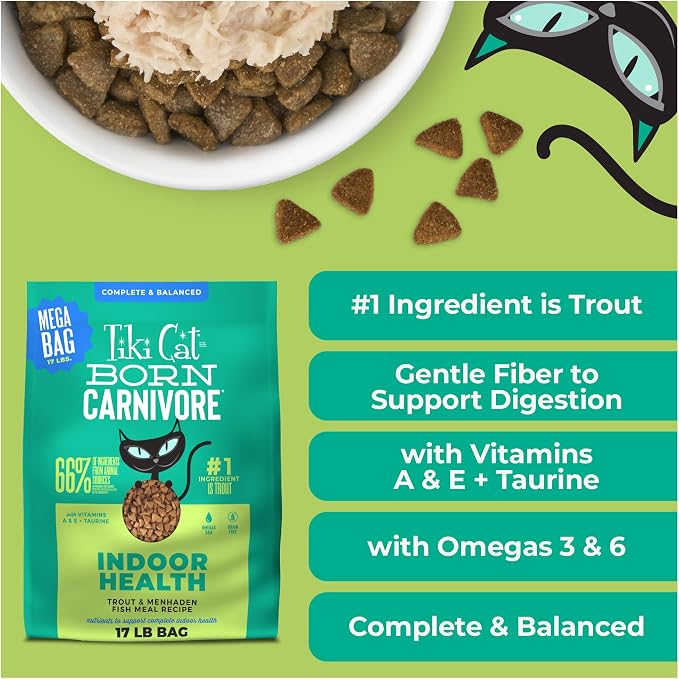 Tiki Cat Born Carnivore Dry Cat Food, Trout & Menhaden Fish Meal | Supports Healthy Weight and Immune System, Crunchy Kibble Texture, 66 Percent Animal Ingredients, Grain Free Recipe