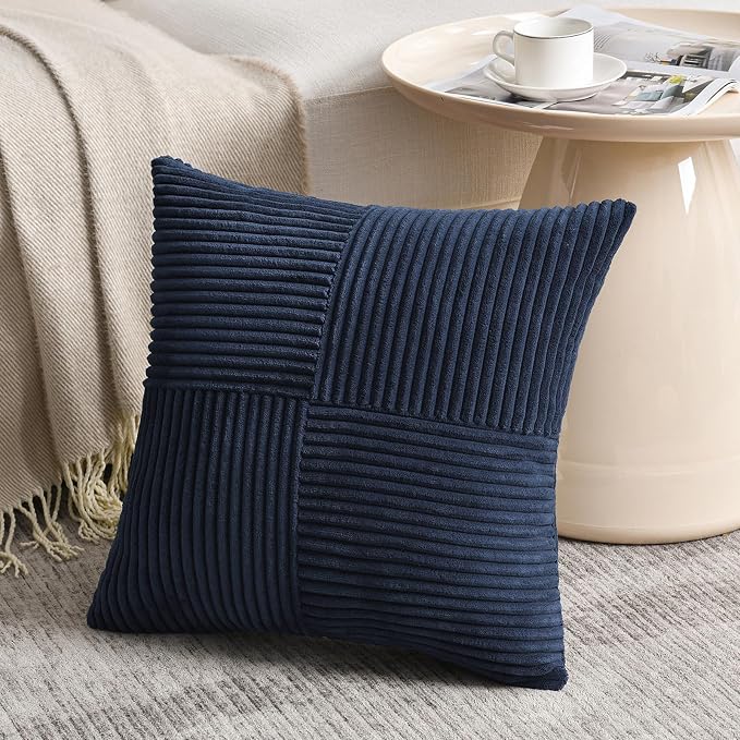 Fancy Homi Navy Blue Decorative Throw Pillow Covers 16x16 Inch for Living Room Couch Bed, Rustic Farmhouse Boho Home Decor, Soft Corss Patchwork Corduroy Textured Square Cushion Case 40x40 cm