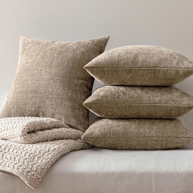 MIULEE Pack of 4 Fall Decorative Throw Pillow Covers 18x18 Inch Chenille Textured Throw Pillows Boho Farmhouse Rustic Cushion Covers Vintage Home Decor for Couch Sofa Bed Living Room，Taupe