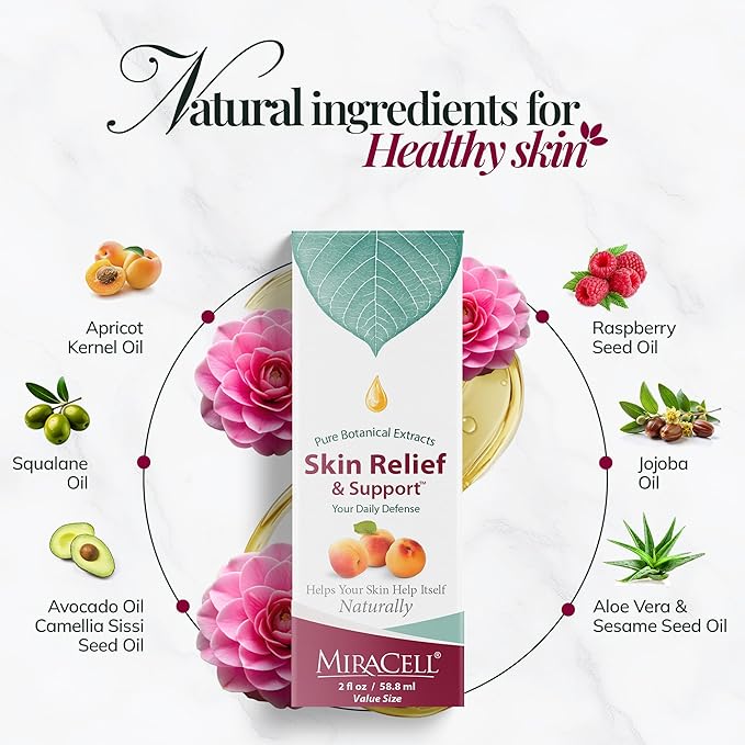 Miracell Skin Relief & Support Oil | Natural Moisturizer for Dry, Sensitive, or Irritated Skin | Soothes Cuts, Scrapes, Bug Bites, Sunburn, Chafing, Rough Hands, Cracked Cuticles & Windburn | 2 oz
