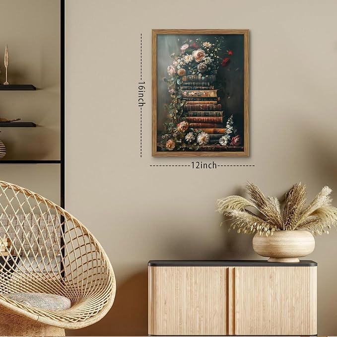Vintage Framed Wall Art Flowers Books Canvas Prints, Dark Academia Wildflowers Oil Painting, Botanical Book Pictures Artwork for Living Room Bedroom Study – Dark Wooden Frame 12x16in