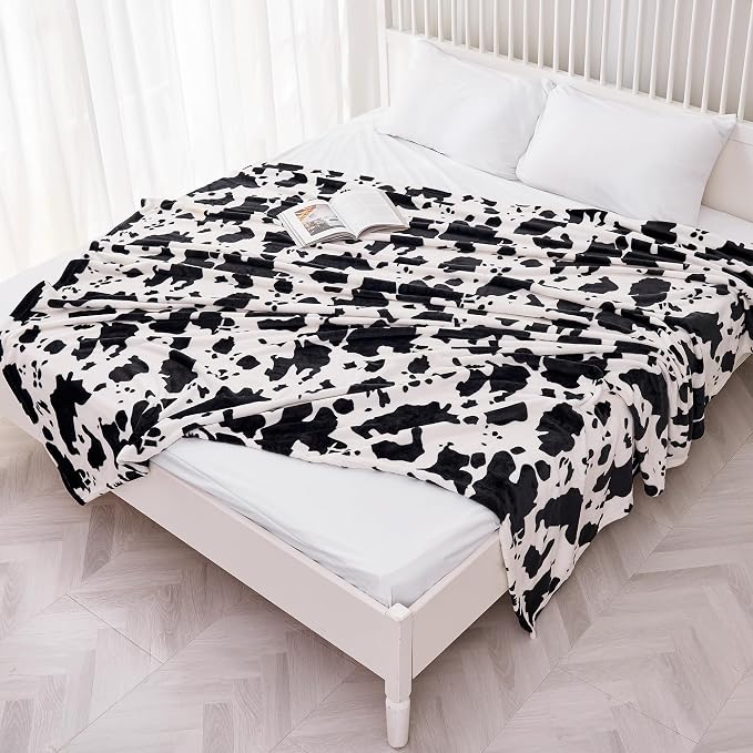 Viviland Fleece Blankets Queen Size Cow Print - 280GSM Lightweight Soft Fuzzy Cozy Plush Queen Blanket for Bed, 90x90 inches
