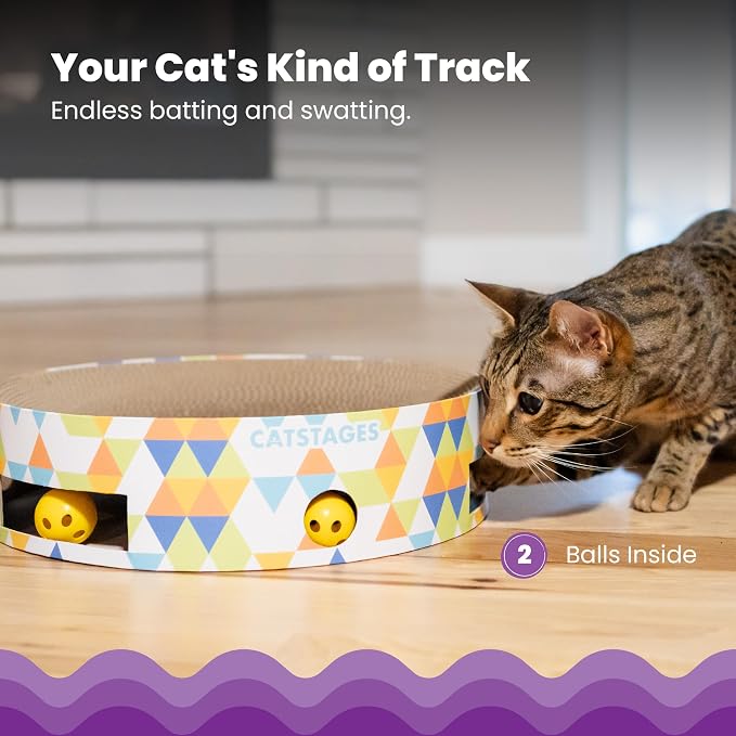 Catstages Bowl Track Scratcher 3-in-1 Ball Track, Scratcher, Lounger, 13.8" | Corrugated Scratch Pad & Lounger + Ball Track Cat Toy with 2 Balls for Interactive Play, Indoor Enrichment, Cats & Kittens