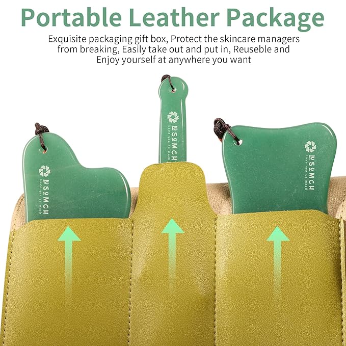 Lusomch 3PC Gua Sha Tools Set - Natural Nephrite Jade Facial & Body Stones, Hypoallergenic Skin Care Kit with Adjustable Cord & A Thoughful Acessory Pouch