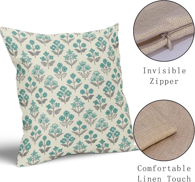 Teal Grey Gray Floral Pillow Covers 22x22 Inch Set of 2, Vintage Flower Block Print Pattern Decorative Throw Pillowcases Outdoor Farmhouse Cushion Covers Spring Summer Rustic Sofa Couch Bed Decor