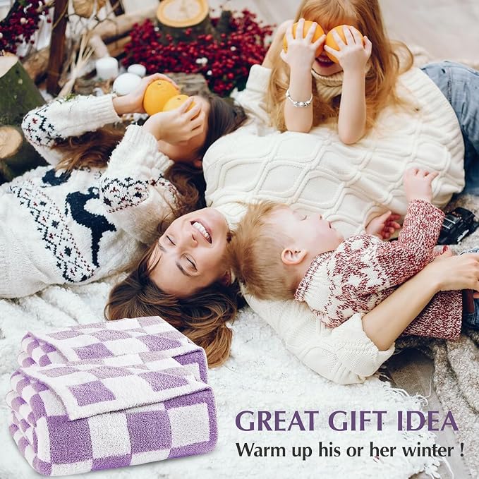 Soft Twin Size Checkered Blanket for Bed-Cozy Knitted Blankets | Lightweight Fluffy Warm Decor for Women, Mom, Her & Girls, Sofa, Chair, Couch, 60x80in,Purple