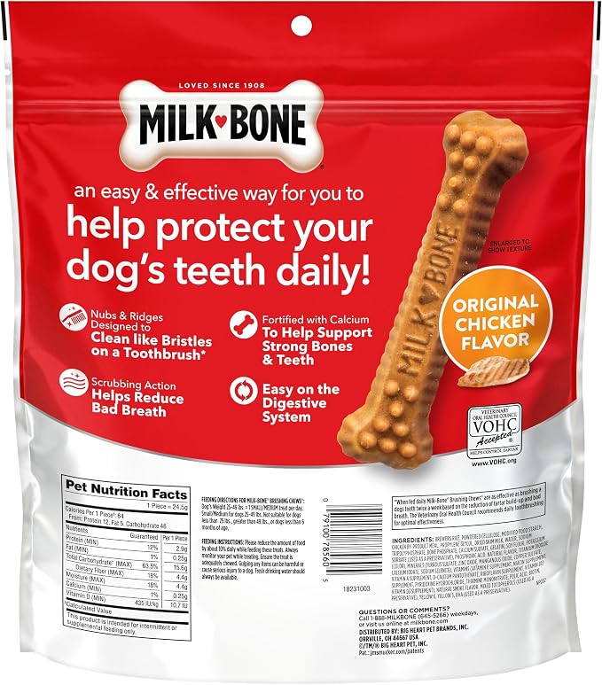 Milk-Bone Brushing Chews, Small/Medium, Original Flavor, 35 Dental Treats | 27.5-oz. bag, Daily dental dog treats, For dogs 25-49 lbs., Original chicken flavor