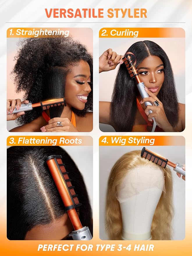 SHEGLAM Hot Comb Straightener Brush for Black Women Hair – 30s Fast Heating, 5 Temperature Settings, Dual Voltage, for Wigs, Insulated Protection Styler with Gloss Pro™ Coating