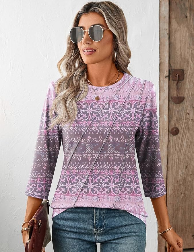 LOMON 3/4 Length Sleeve Womens Tops Spring Summer Fashion 2026 Tops Crew Neck Pleated Shirts Tunic Top Loose Fit