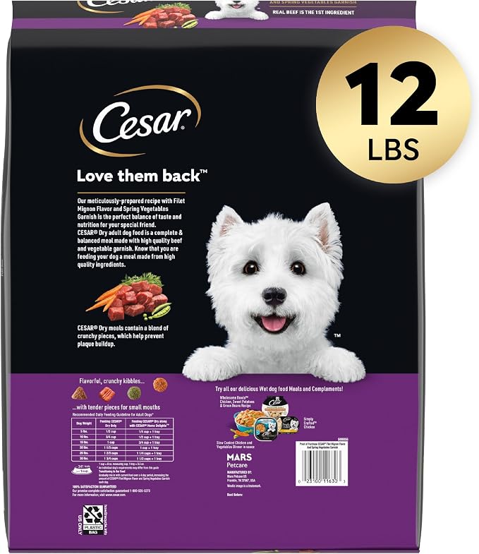 Cesar Small Breed Dry Dog Food, Filet Mignon & Spring Vegetables, 12 lb | Made in USA, Real beef #1 ingredient, 26 essential nutrients, supports small breed health, no artificial flavors