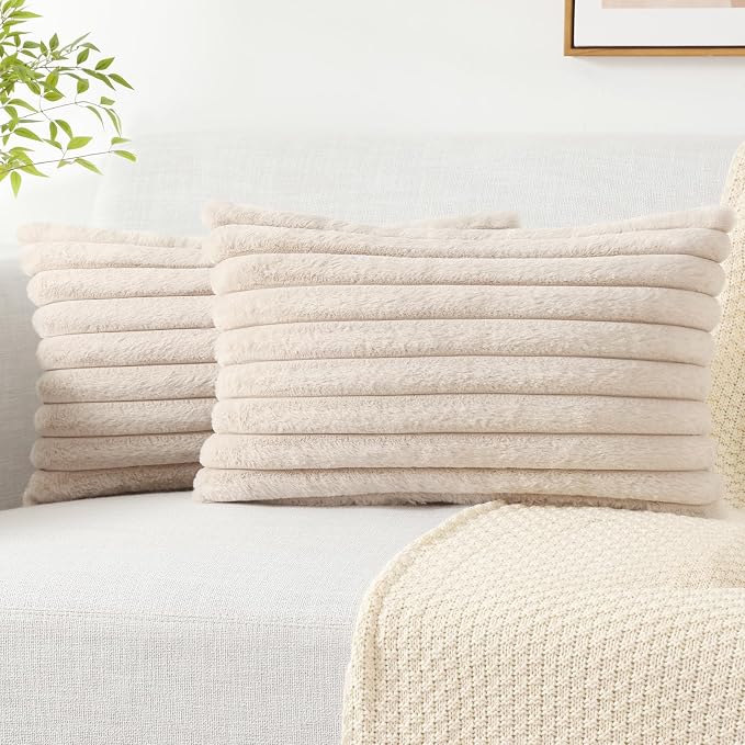 Pallene Faux Fur Decorative Throw Pillow Covers 12x20 Set of 2, Apricot | Luxury Plush Texture, Striped Design, Cozy Soft Touch, Modern Home Accent Decor for Couch, Sofa, Bed, Living Room