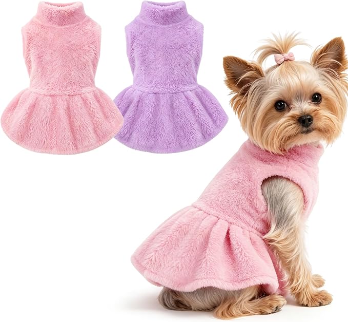 Idepet Winter Dog Dress 2 Pack, Puppy Pet Skirt Small Dogs Girl Clothes | Warm Coral Fleece, Machine Washable, for Indoor Daily Wear, Outdoor Walking, Halloween Christmas Holiday Gift, Easy On & Off