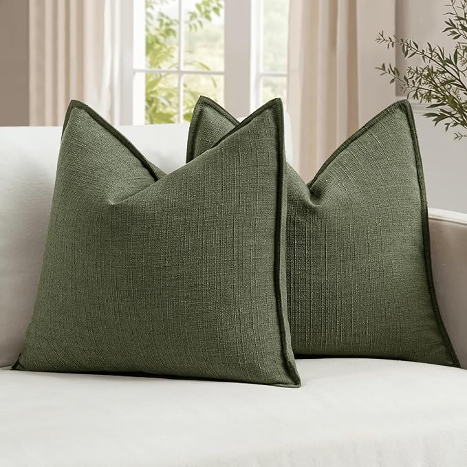 MIULEE Thick Textured Decorative Throw Pillow Covers 18x18 Inch Dark Green | Set of 2, Linen Blend Pillow Cover, Flange Edge Design, Farmhouse Modern Boho Style, Bed Couch Living Room Decor