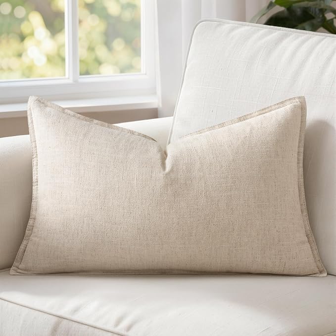 MIULEE Decorative Linen Lumbar Pillow Cover 12x20 Inch Natural Beige | Boho Farmhouse Neutral Couch Long Throw Pillow for Bed, Pack of 1 Accent Modern Pillowcase, Sofa Livingroom Home Decor