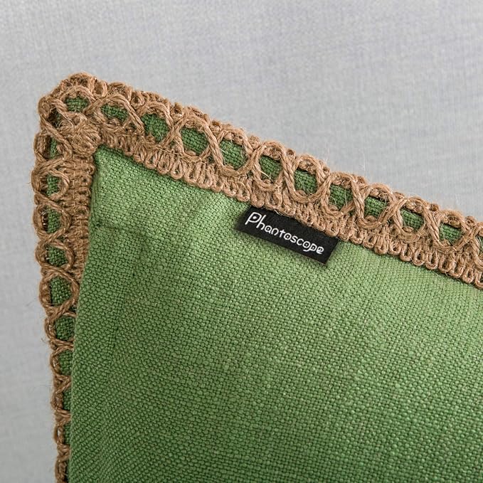 Phantoscope Pack of 2 Farmhouse Decorative Throw Pillow Covers Burlap Linen Pillow Covers Trimmed Tailored Edges Green 18 x 18 inches, 45 x 45 cm