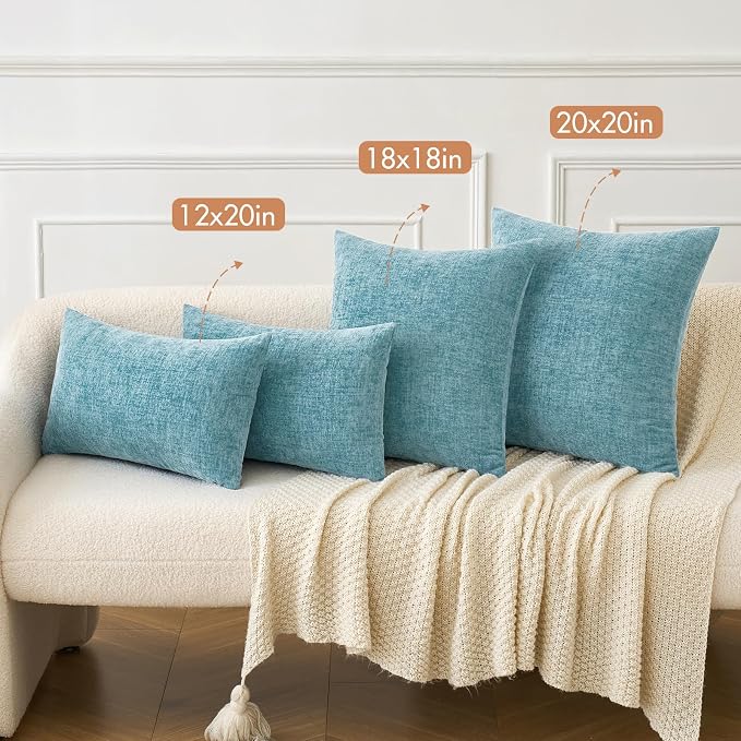 MIULEE Soft Chenille Lumbar Throw Pillow Covers Smoke Blue 12x20 Pack of 2 | Modern Coastal Home Decor, Classic Decorative Pillows, Solid Dyed Cases, Boho Couch Cushion Covers for Sofa Bed Living Room