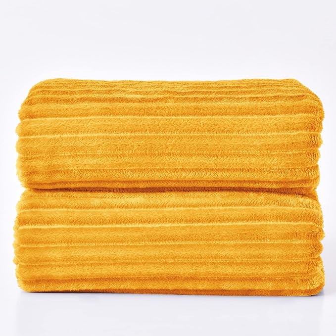 BEDELITE 3D Ribbed Mustard Yellow King Size Blankets for Bed, 108x90 Inch | Soft Warm Decorative Fluffy Blanket, Cozy Fuzzy Lightweight Plush Fleece Throw Blankets for Bed, Room Decor, Gift for Women