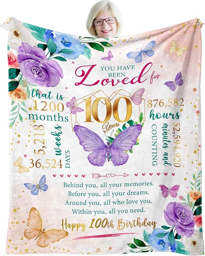 Gifts for 100 Year Old Woman, 100th Birthday Present for Women, 100th Birthday Gift Ideas, Present for Women 100yr Bday, Happy 100 Bday Decorations for Woman Throw Blanket 50"X60"