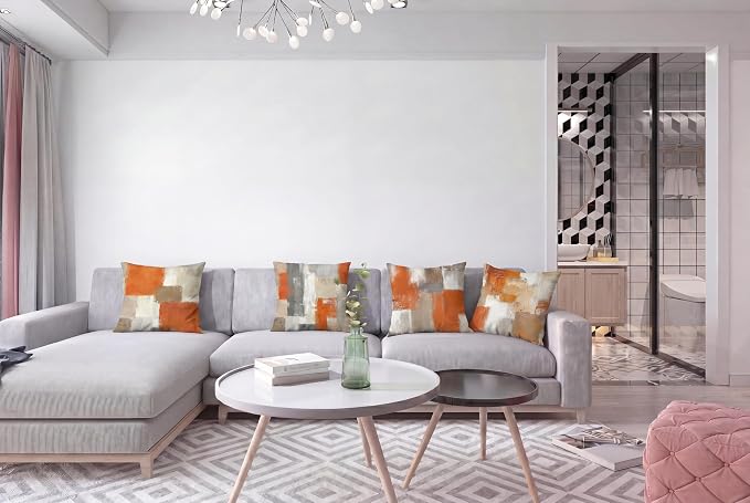 Burnt Orange Modern Abstract Throw Pillow Covers 18x18 Set of 4 | Burnt Orange & Grey Geometric Cushion Cases, modern aesthetic pillowcases for sofa, bedroom & chair.