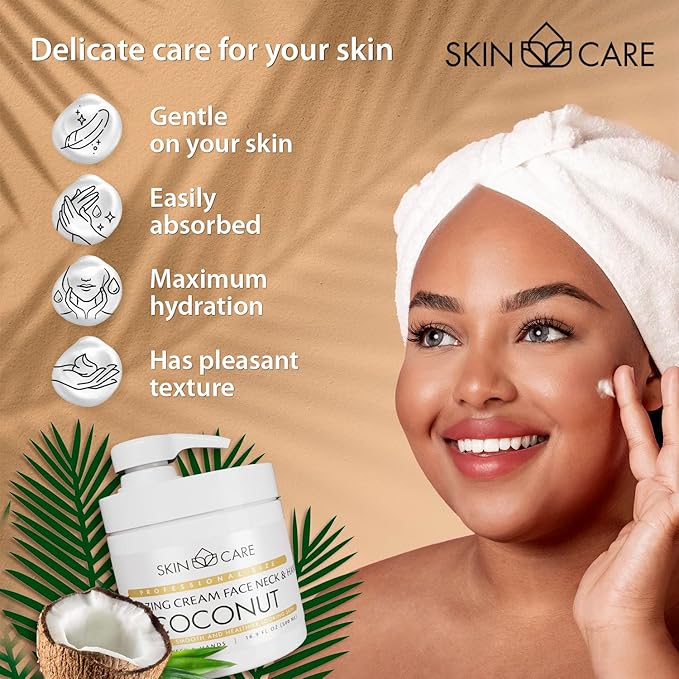 Skin Care Coconut Oil 3-in-1 Moisturizer Face Cream, Neck and Hands - Treatment for Crepey Texture, Wrinkles and Sagging - Daily Lotion for All Skin Types - 16.9 fl. oz.