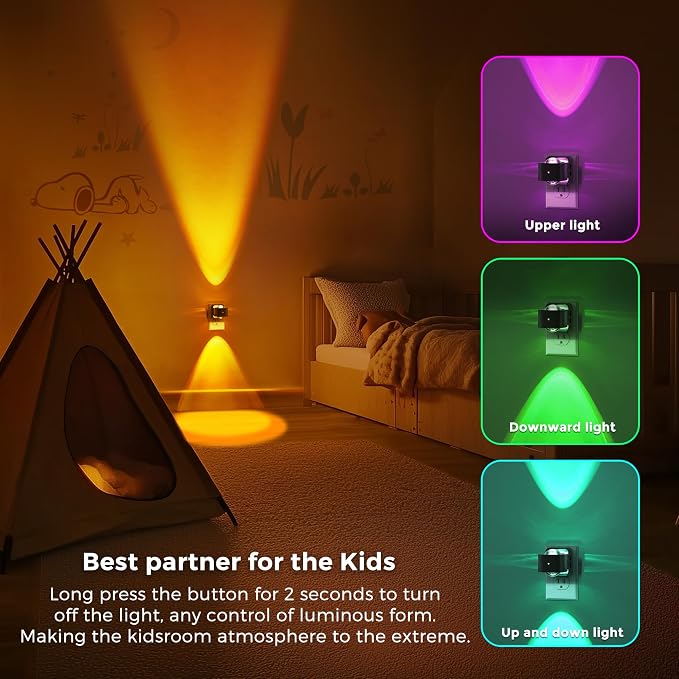 L LOHAS LED Night Light Projector, Color Changing Plug in Night Light RGB | 2 Pack Dusk to Dawn Sensor Night Lights, Rotating Nightlight, Ambient Lighting for Bathroom, Gaming Room, Decor, Gifts