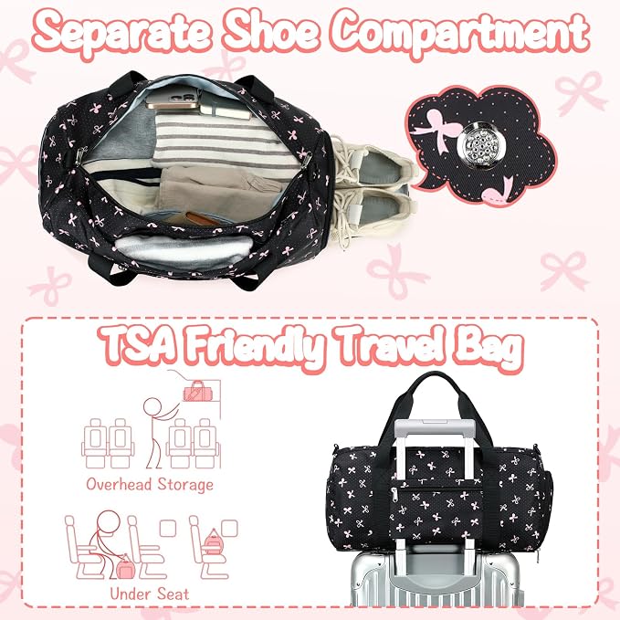 Gym Bag Sports Duffle Bag with Wet Pocket Weekender Overnight Bag with Waterproof Shoe Compartment for Girls Kids Women Travel Dance Yoga Workout Bag (Bow Pink-Black)