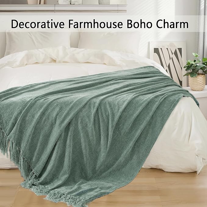 Chenille Throw Blanket for Couch 50" x 60", Sage Green | Soft Cozy Warm Throws with Fringe Tassel, for Living Room Bed Sofa Chair Cover, Lightweight Knitted Decorative Boho Blankets