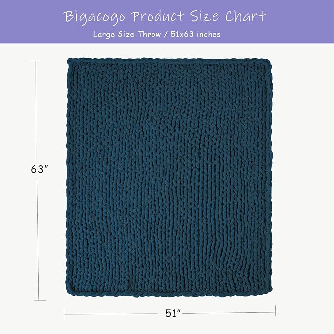 Bigacogo Chunky Knit Throw Blanket for Couch, 51x63 inches, Deep Sea Blue | Hand Knit with Jumbo Chenille, Soft Breathable Cable Knit for Sofa Bed Living Room, Machine Washable, Gift for Mom Friend