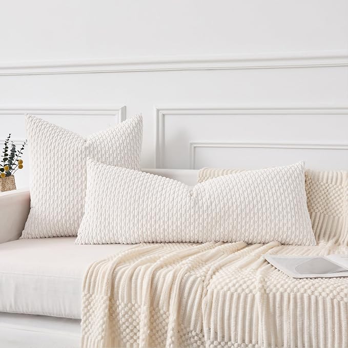 Kevin Textile Soft Corduroy 12"x24" Lumbar Pillow Cover 1 Pack, Pure White | Boho Stripe Plush Corduroy Decorative Oblong Cushion Cover Modern Farmhouse Home Decor for Sofa Couch Bed Chair