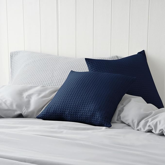 100% Egyptian Cotton 600 TC Waffle Weave Throw Pillow Covers 2 Pack | Ultra Soft Breathable Euro Pillow Shams Covers, Decorative Cushion Covers for Bed Couch Sofa Car, Navy Blue, 26" x 26"