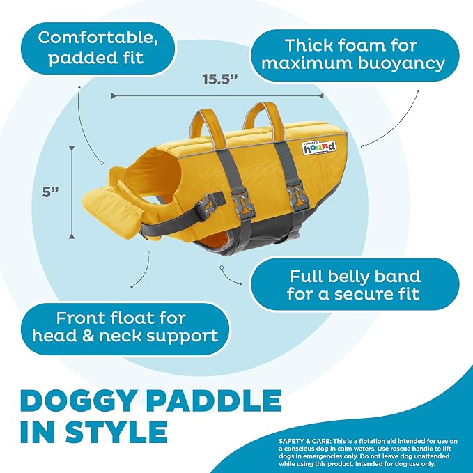 Outward Hound Granby Splash Dog Life Jacket, Life Vest, Yellow, Medium | Max Buoyancy, Adjustable Fit, Head/Neck Support, Rescue Handle, Reflective, Swimming & Boating, Medium Dogs (21–27" Girth)