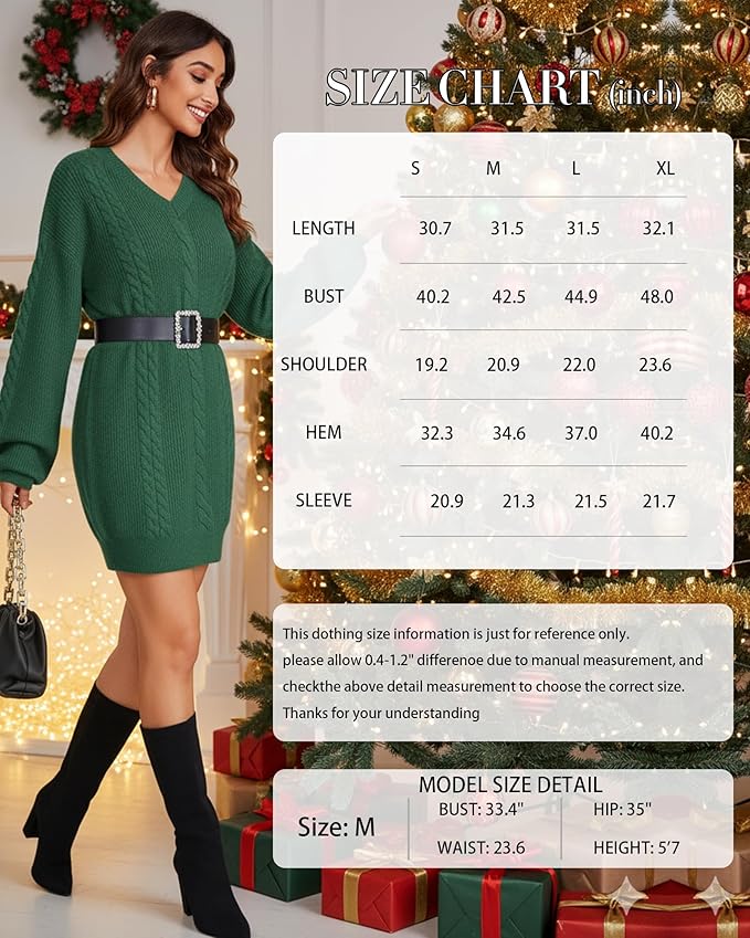 Women's Pullovers Jumper Sweaters Lantern Sleeve Casual V Neck Fall Knit Mini Sweater Dresses