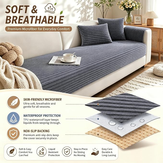 Waterproof Couch Cover for Dogs, Sofa Covers Washable & Non-Slip, Soft Dog Bed Blanket Protector for Sectional, Loveseat, Living Room Furniture (Light Gray, 35.43"x 94.49" 1 Pack)