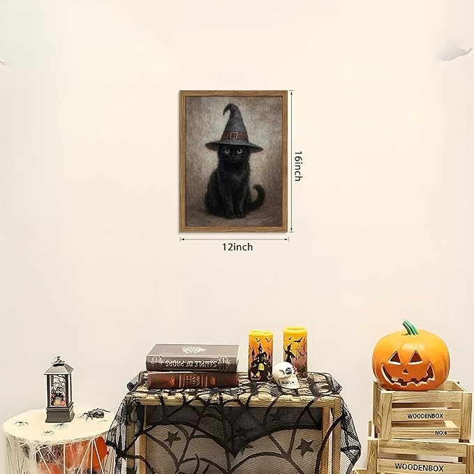 Framed Halloween Cat Wall Art, Vintage Gothic Black Cat Witch Canvas Wall Decor Paintings, Moody Dark Academia Animal Artwork Posters Prints Pictures for Bedroom Living Room 12x16 Inch