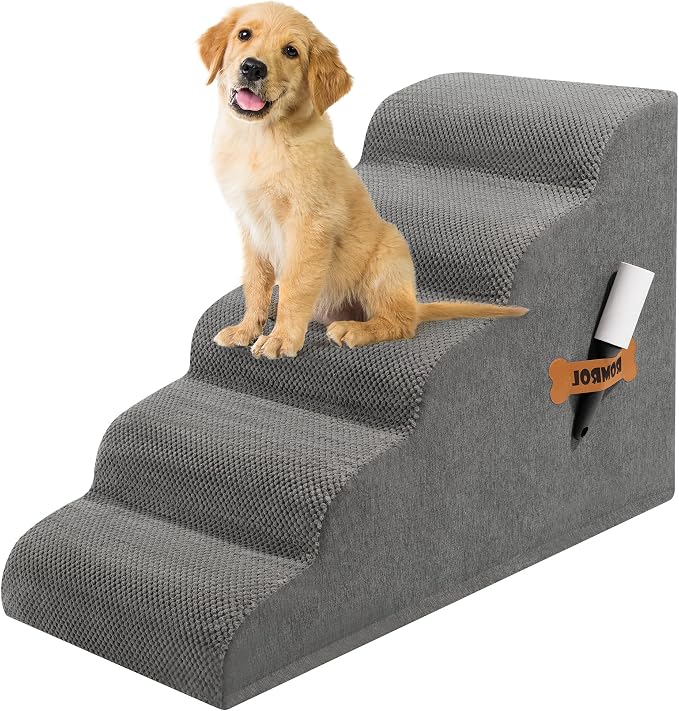 Romrol Dog Stairs Ramp for High Beds Couches, High Density Foam Pet Steps with Durable Non-Slip Waterproof Fabric Cover, Dog Stairs for Small Dogs or Cats or Pets, 5-Step, 22 Inch, Grey